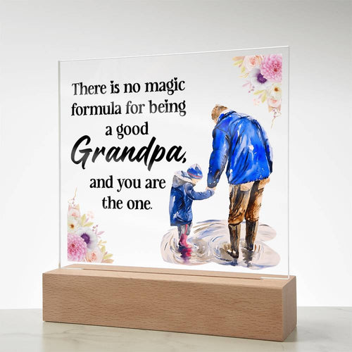 Acrylic square night light with blue grandfather and child figure, floral quote, wood base.