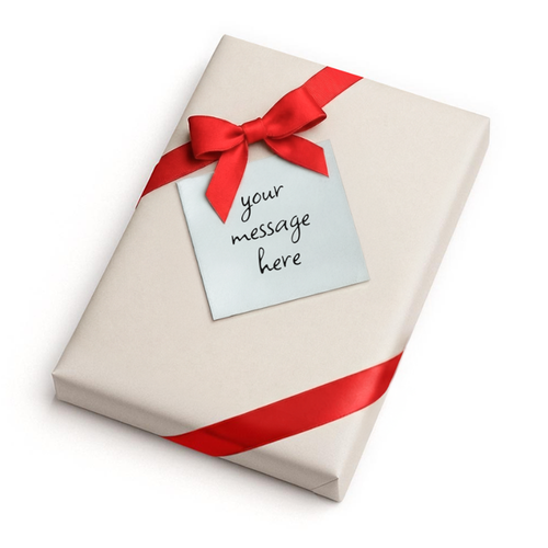 Beige gift wrap with red ribbon and tag reading 'your message here'