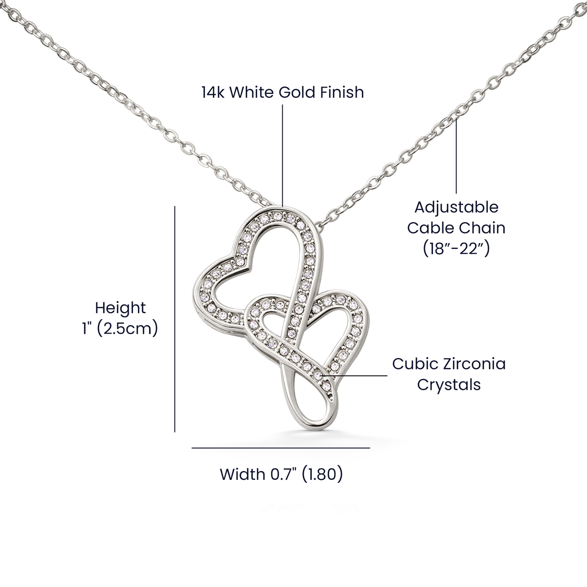 Heart pendant necklace with 14k white gold finish, adjustable 18–22 in chain