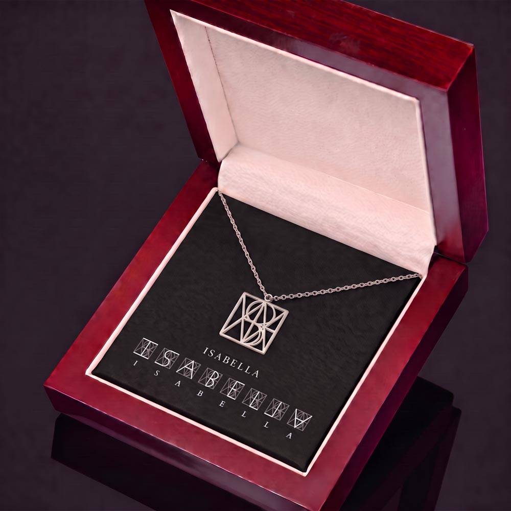 Personalized name necklace with square monogram pendant, silver-tone chain in gift box