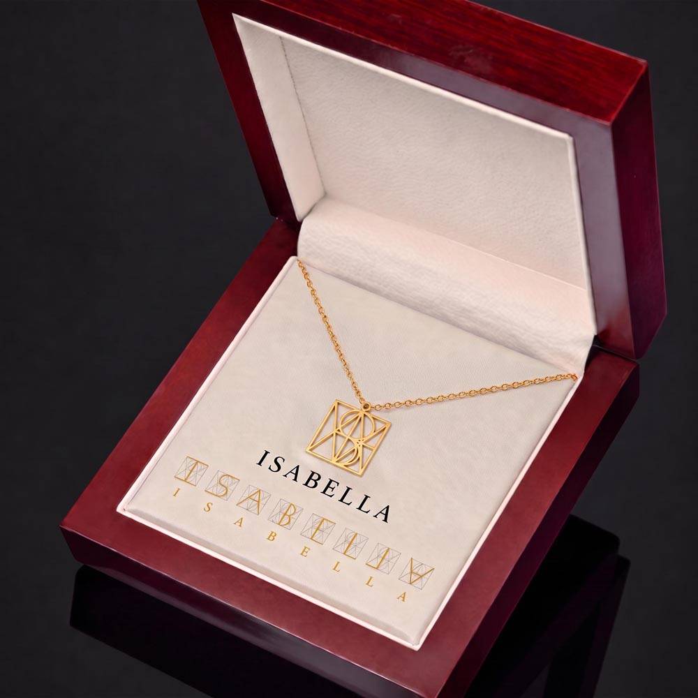 Personalized name necklace with square monogram pendant, gold-tone chain in gift box
