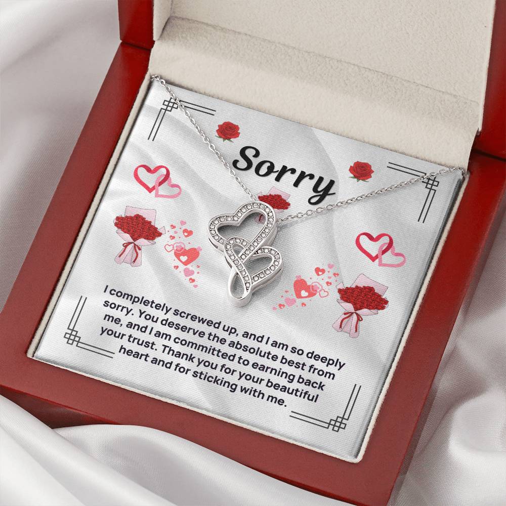 Heart pendant necklace in silver tone, in red open gift box with apology message card