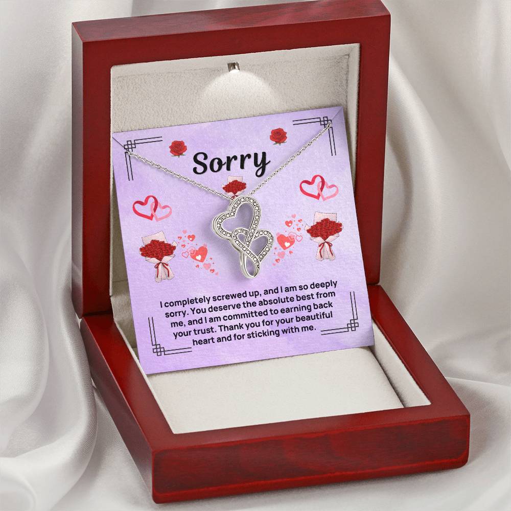 Purple apology card necklace gift set in red presentation box with heart pendant