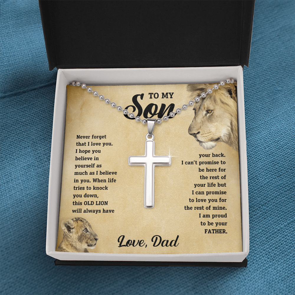 Son message keepsake necklace with silver cross pendant in gift box