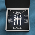 Dad cross pendant necklace in open white gift box, black card with text and figures