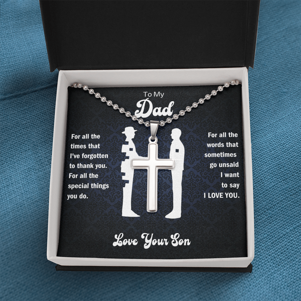 Dad cross pendant necklace in open white gift box, black card with text and figures
