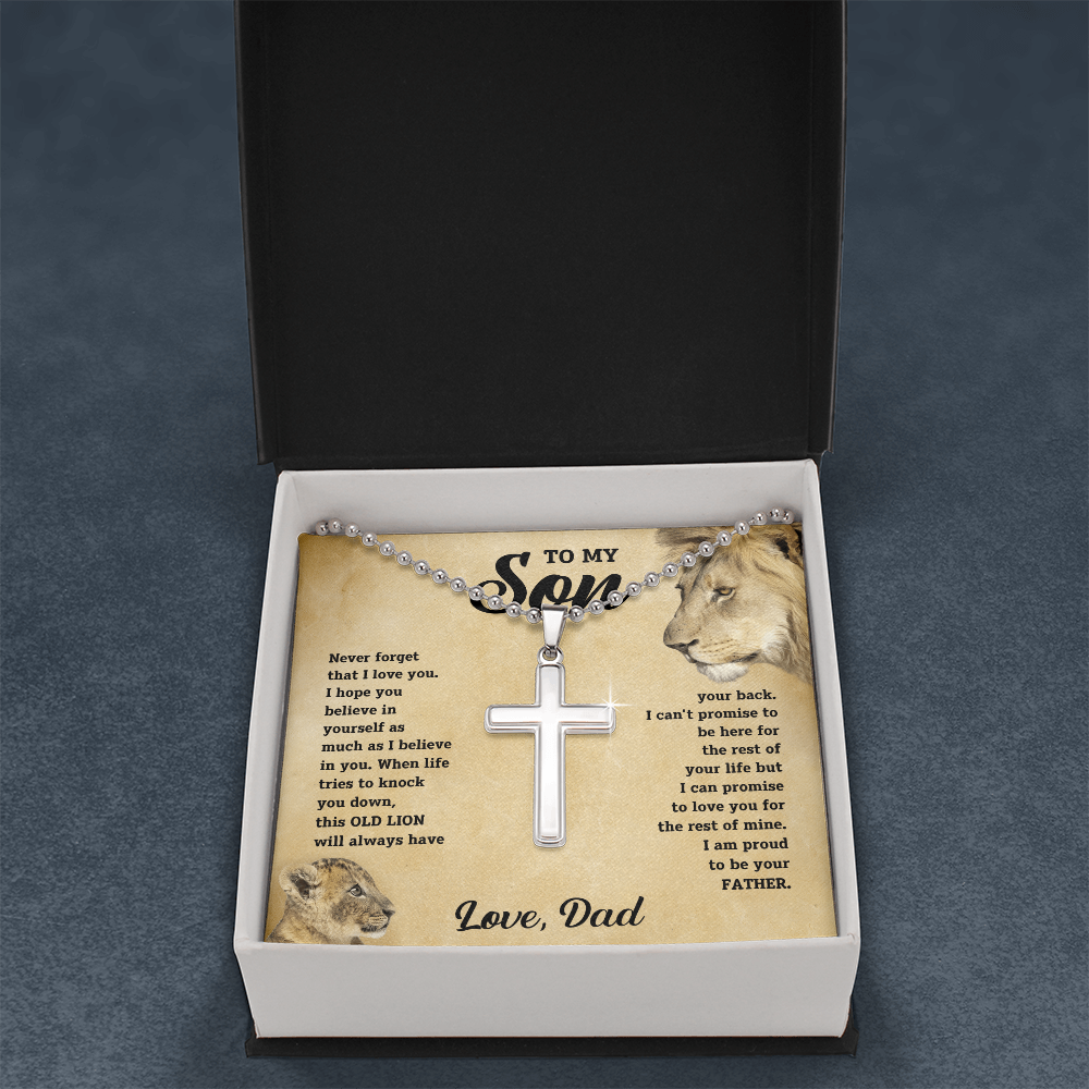 Son message cross necklace in dark gift box with lion print card