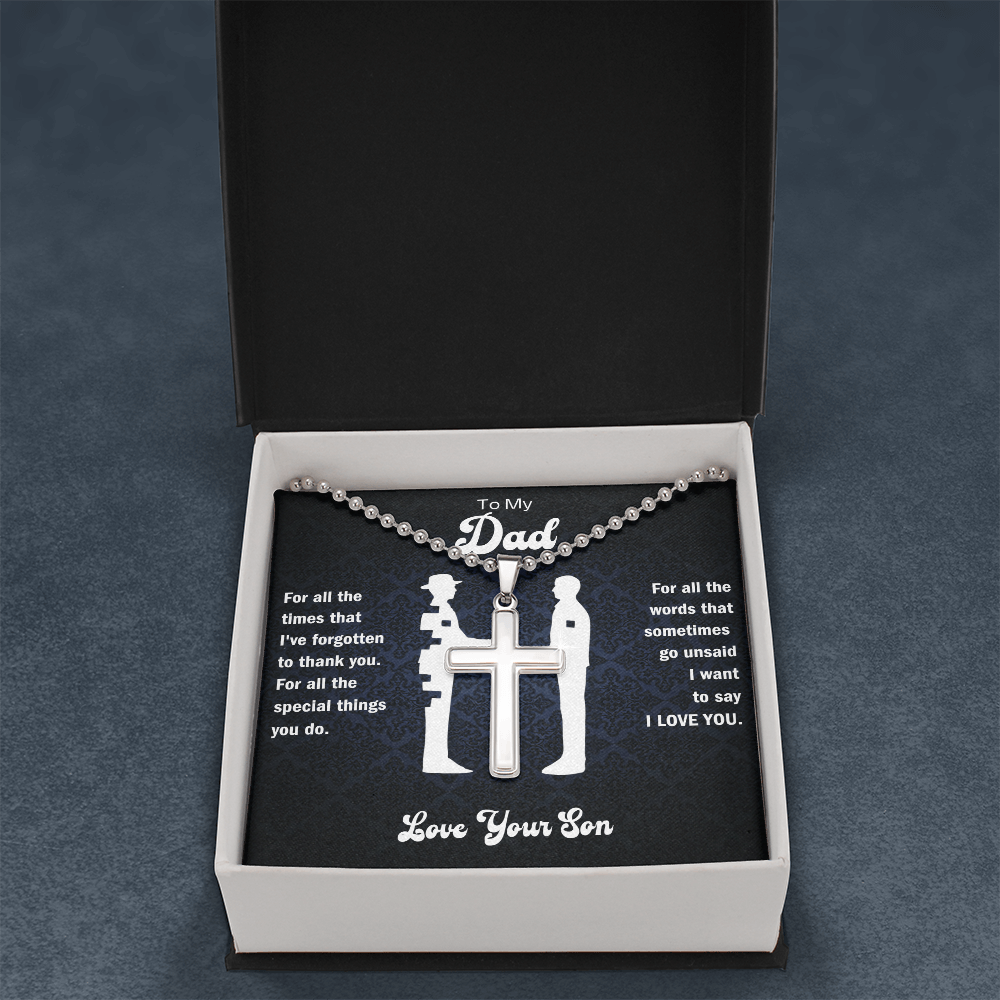 Dad cross pendant necklace in open white gift box with black message card