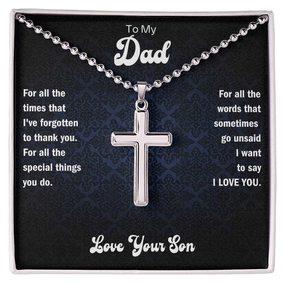 Silver cross pendant necklace with “To My Dad” message on display card