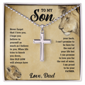 Son message cross necklace in open white gift box with lion portrait card