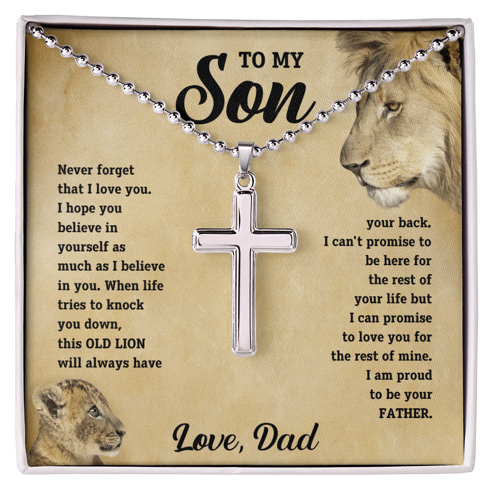 Son message cross necklace in open white gift box with lion portrait card