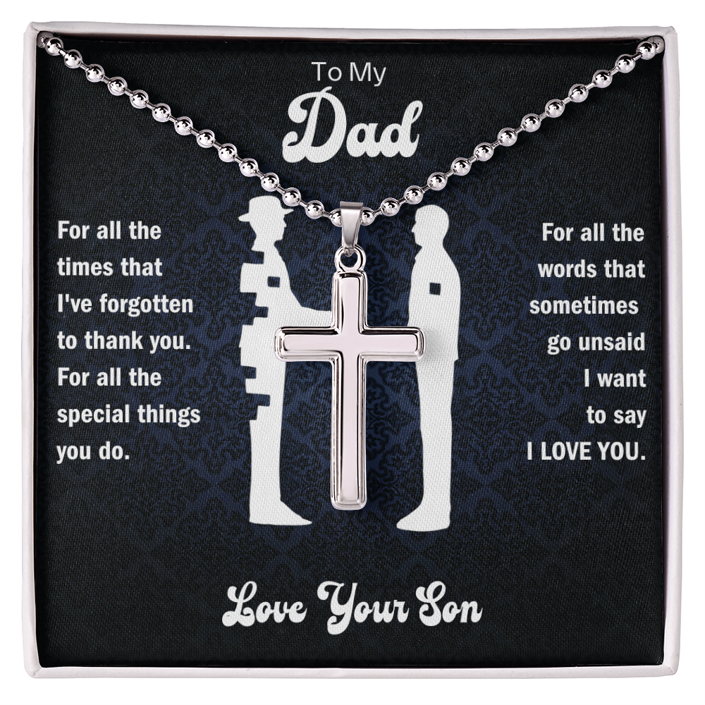 Dad cross pendant necklace displayed on black card inside white gift box