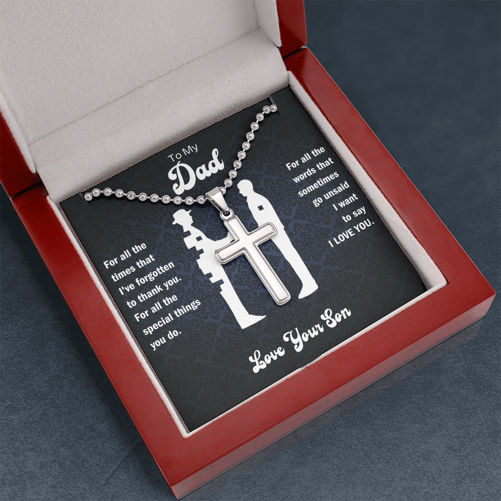Dad cross pendant necklace in open red gift box, black card with message