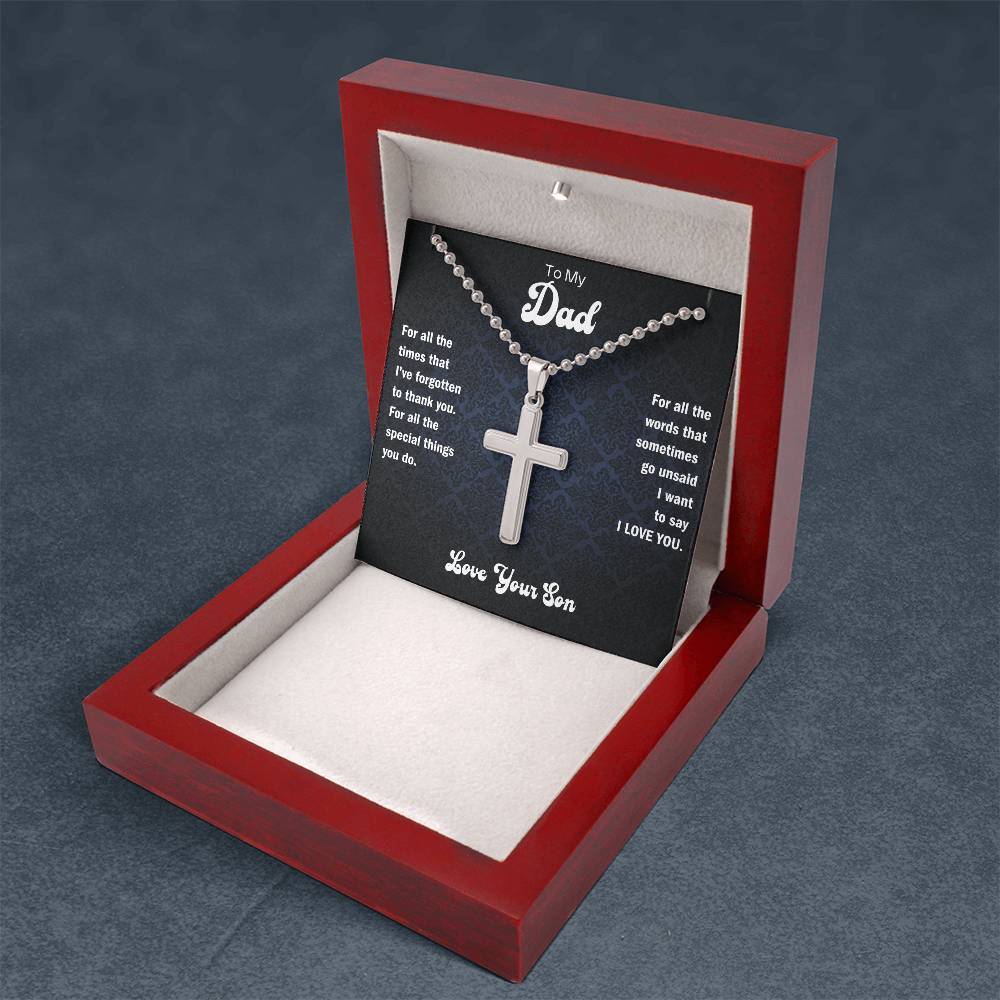 Dad cross pendant necklace in a hinged red gift box with white insert