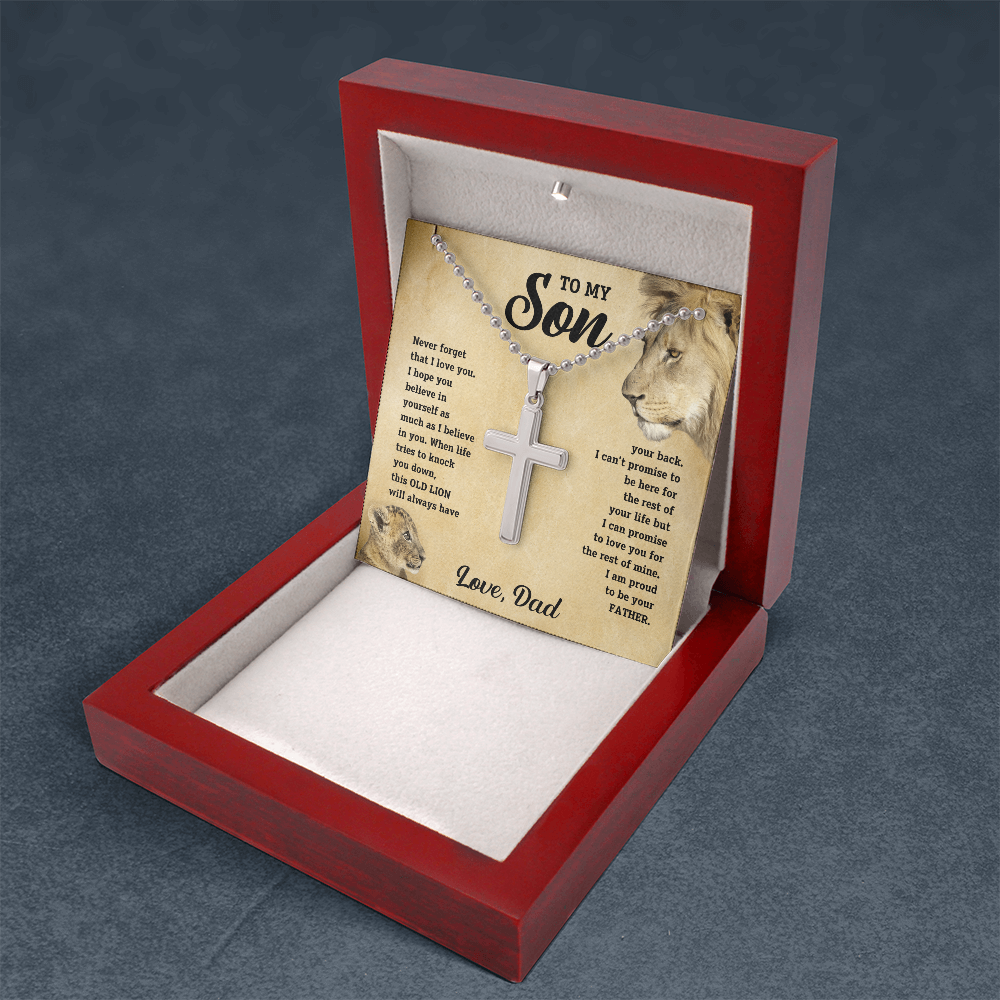 Red gift box with son message cross necklace on white insert