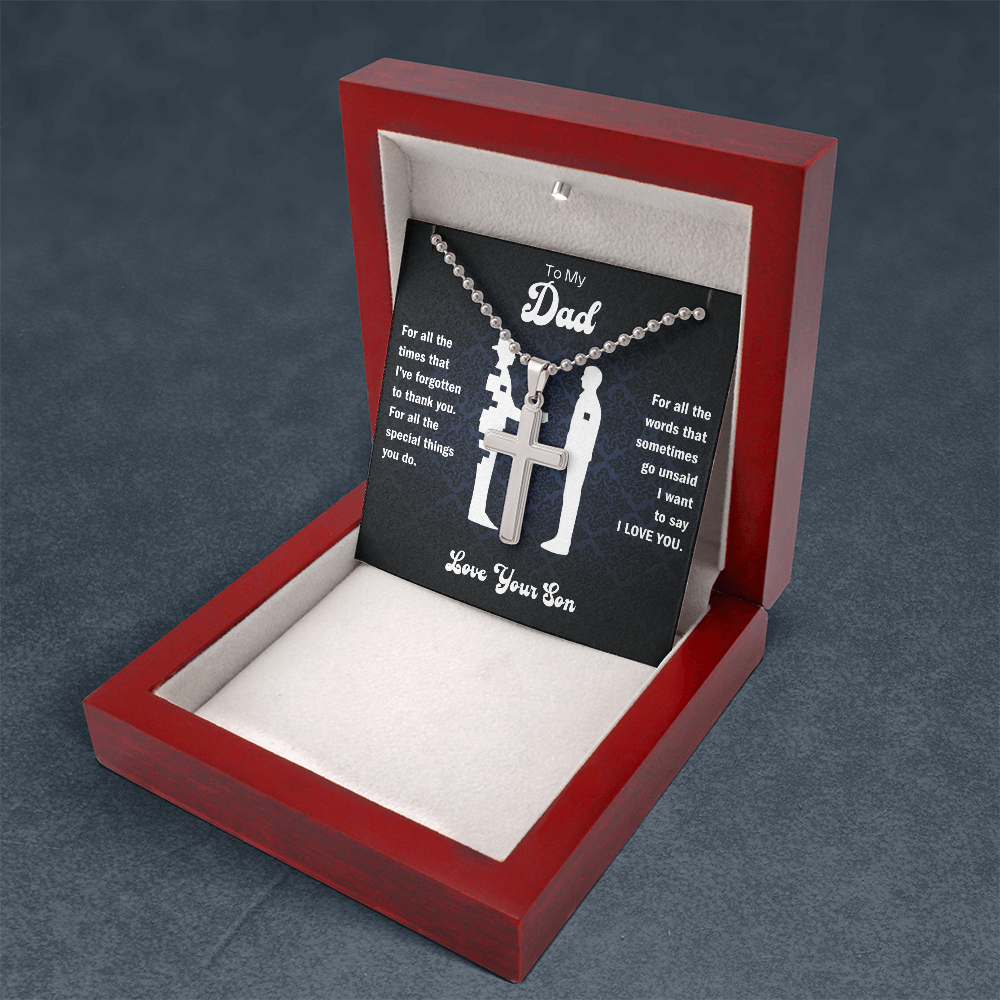 Dad cross pendant necklace inside red gift box with black message card
