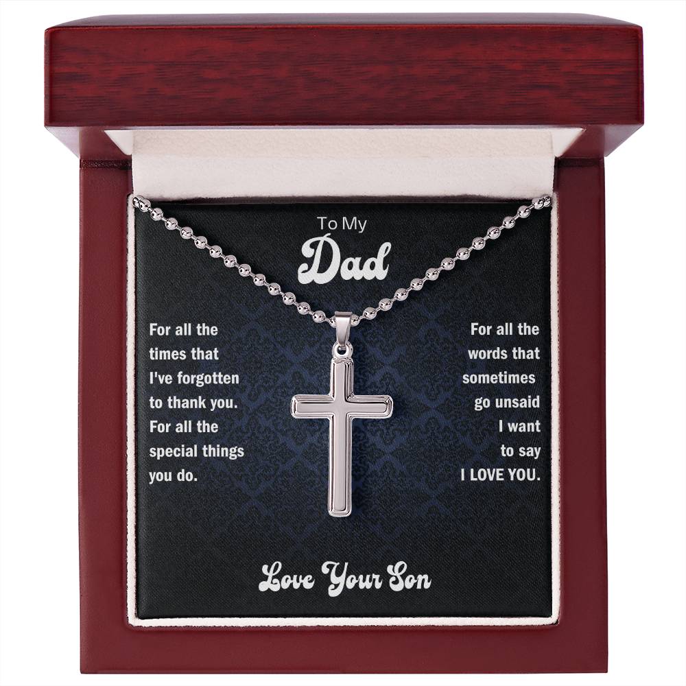 Dad cross pendant necklace inside a red wooden-style gift box