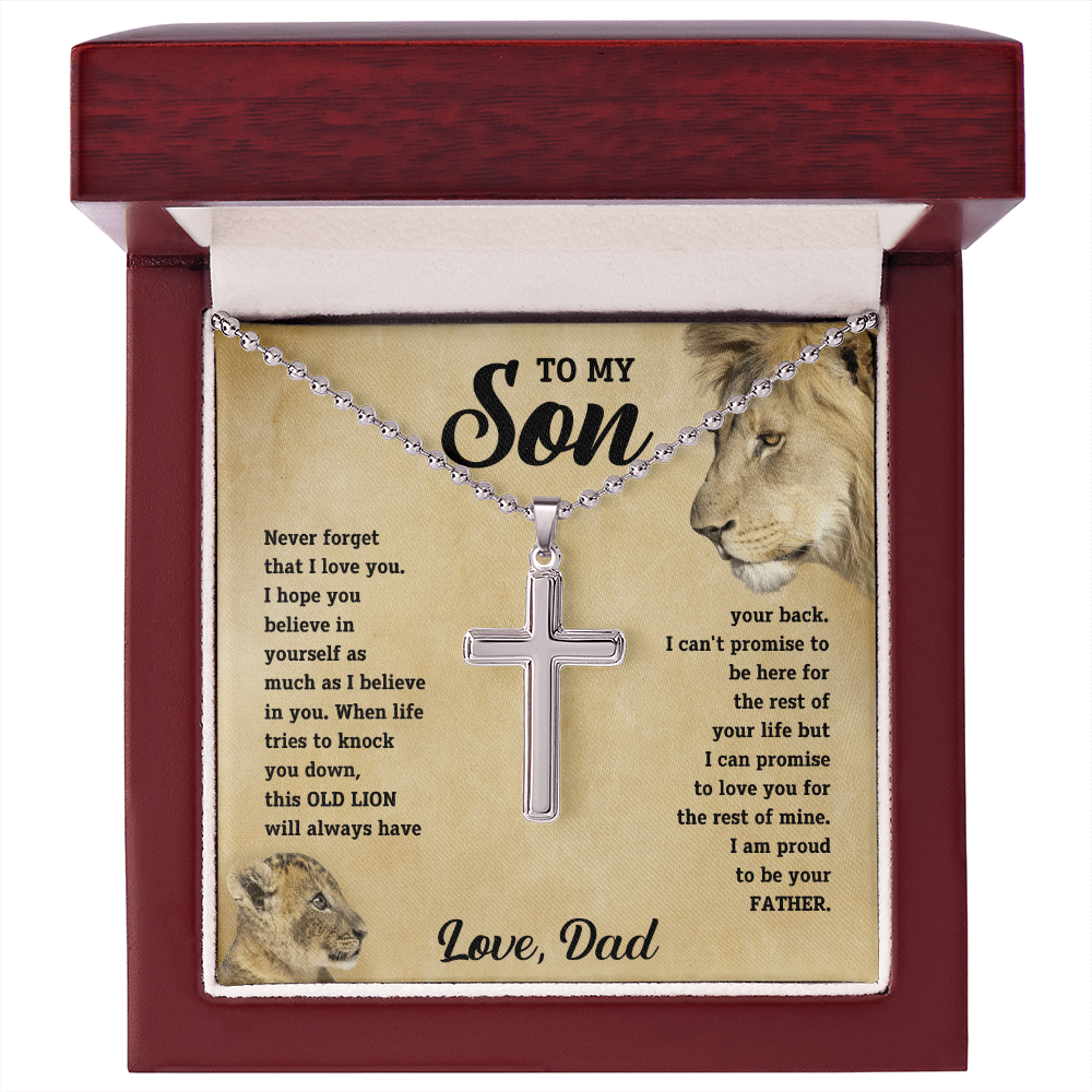 Son message cross necklace in red gift box with lion portrait card