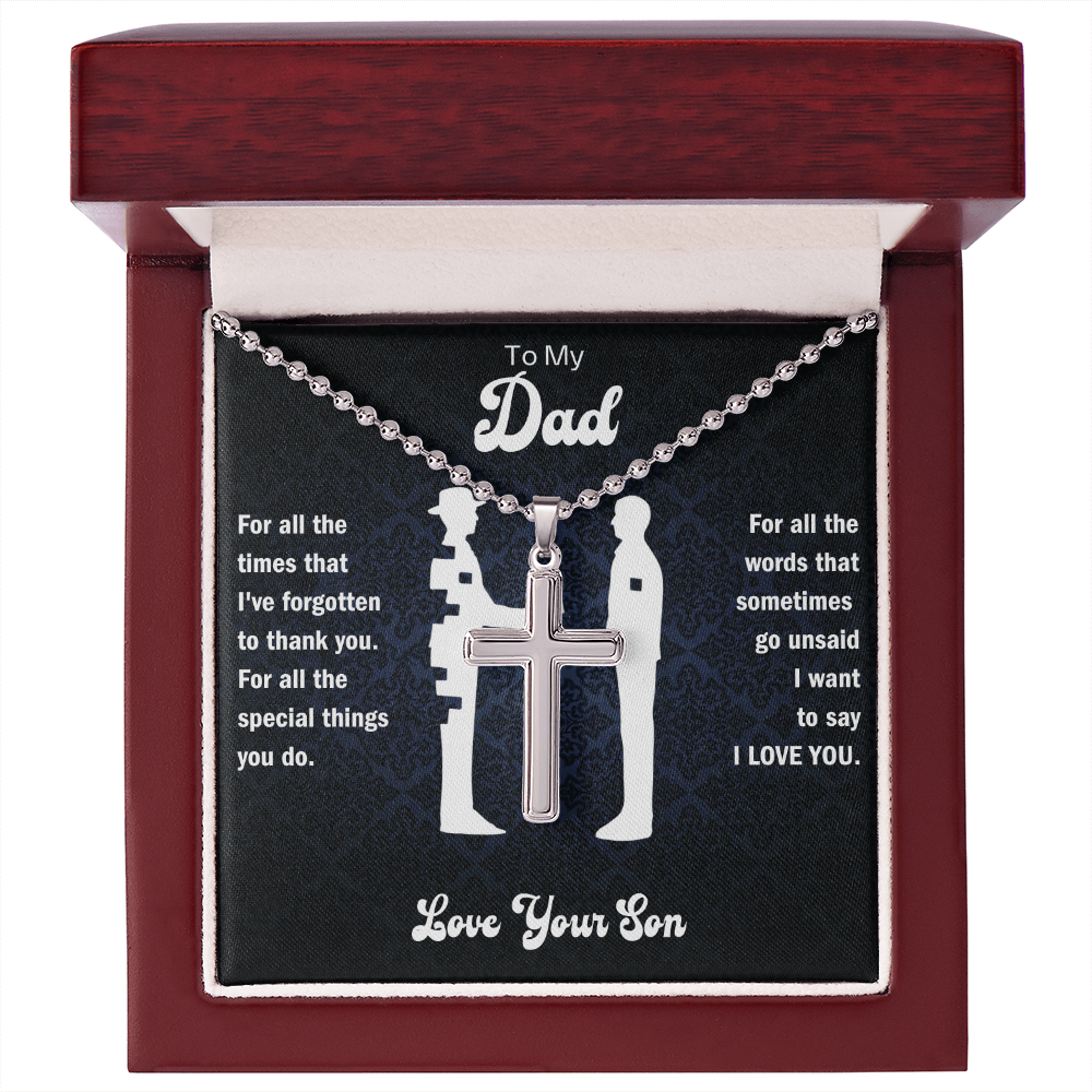 Cross pendant necklace in red wooden gift box with black message card
