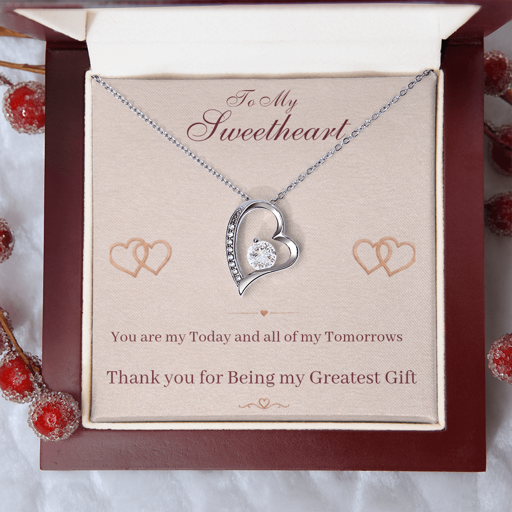 Silver heart pendant necklace in red gift box with sweetheart message card