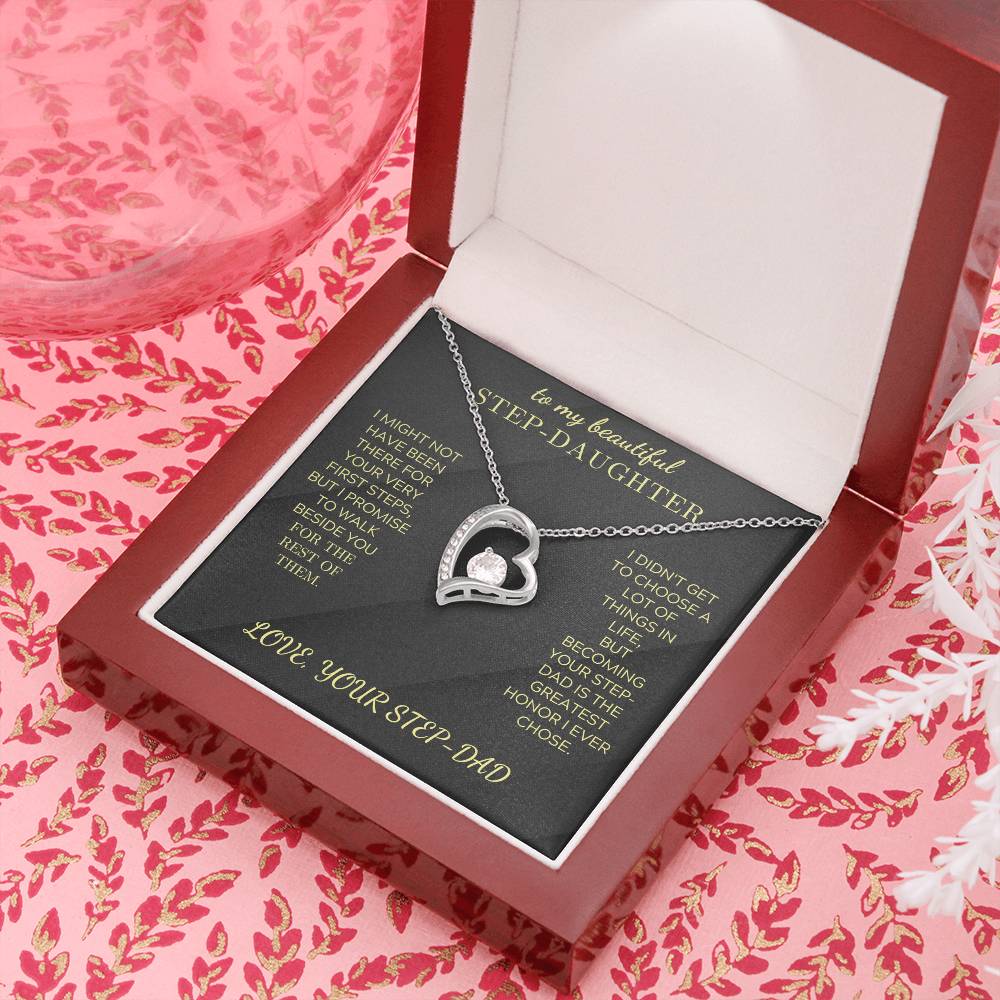 Heart pendant necklace, silver tone with crystal heart charm inside open gift box
