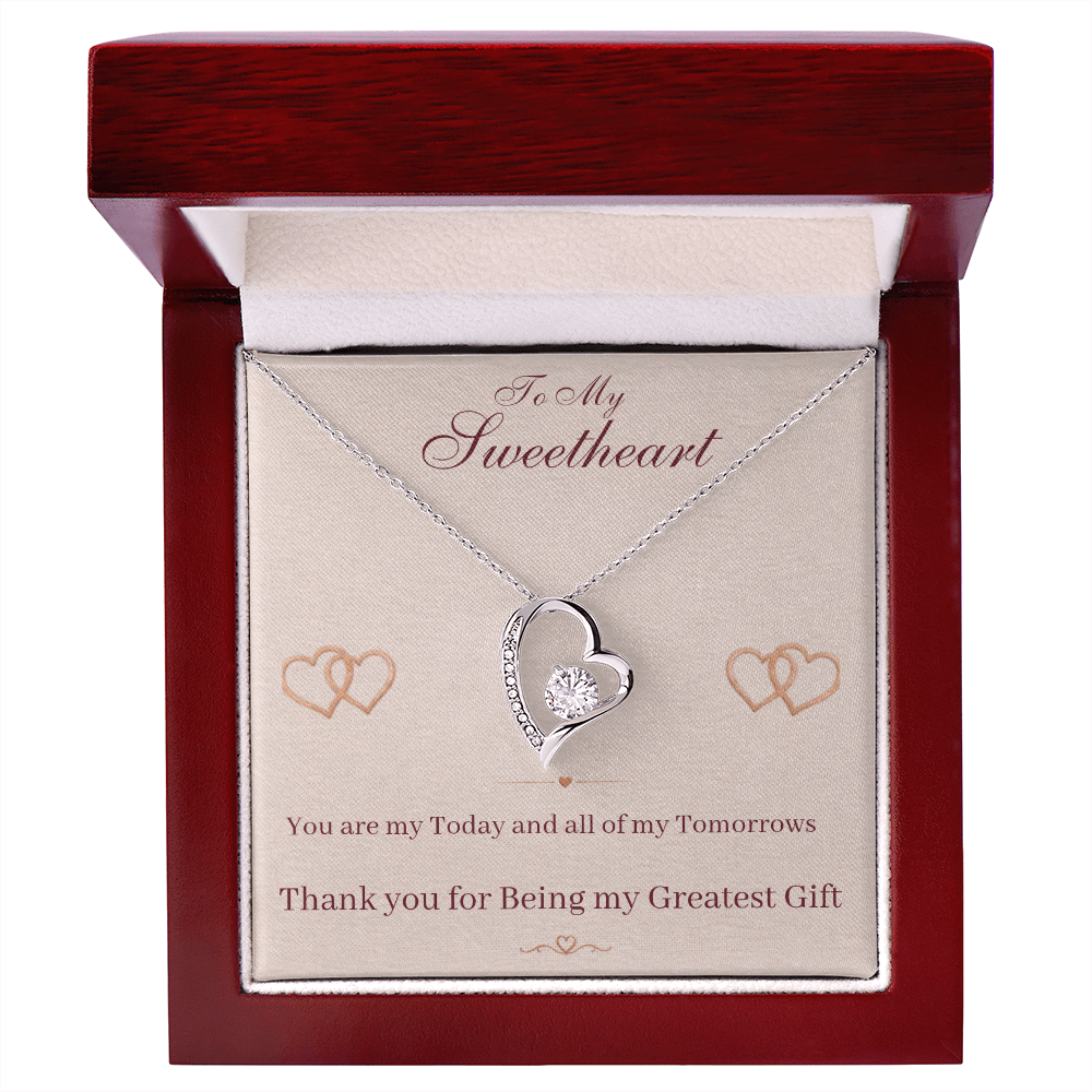Silver heart pendant necklace in red gift box with sweetheart message card