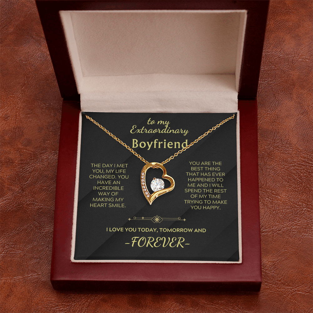 To my Extraordinary Boyfriend necklace: gold heart pendant with message card in box
