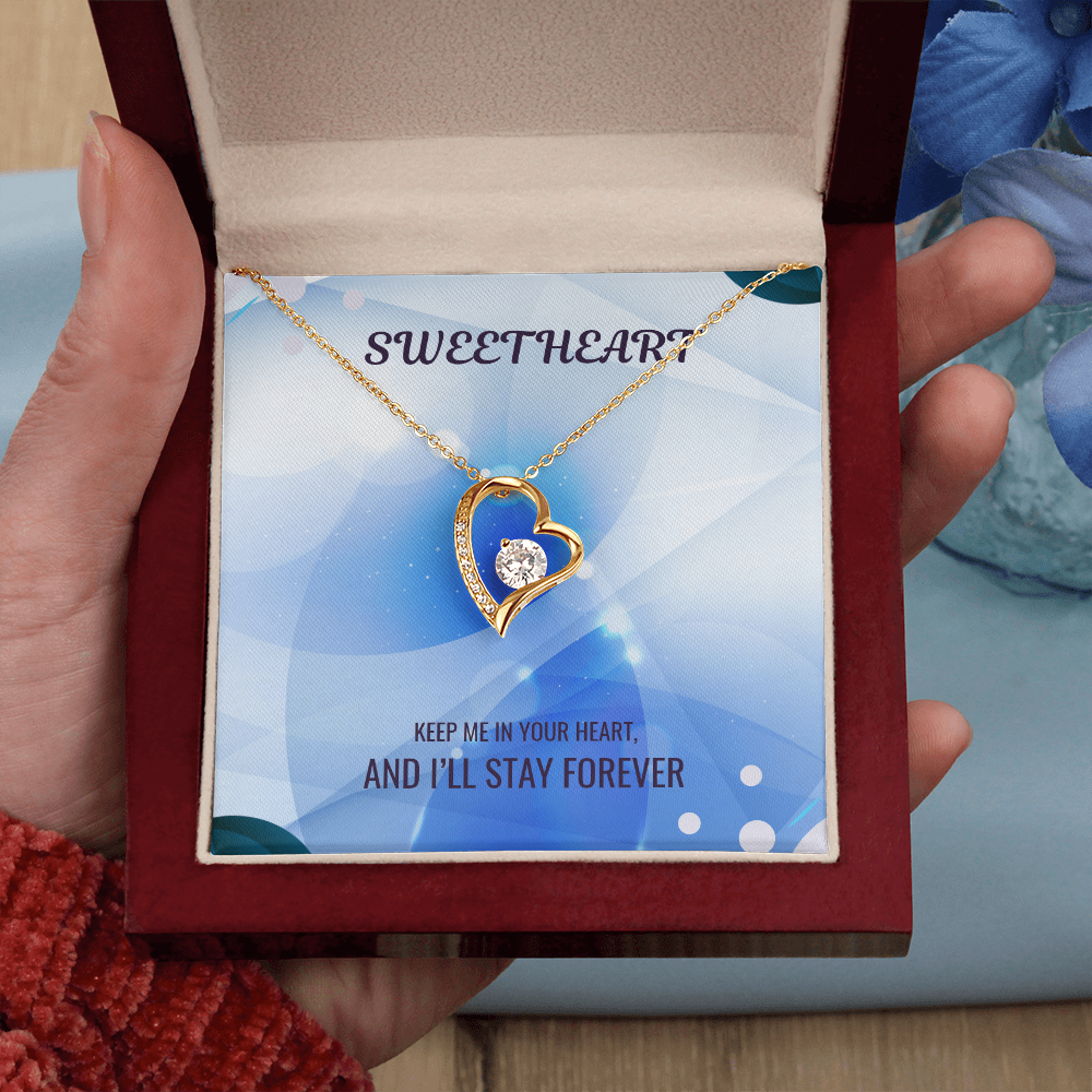 Heart pendant necklace with crystal heart and sentimental message card in gift box