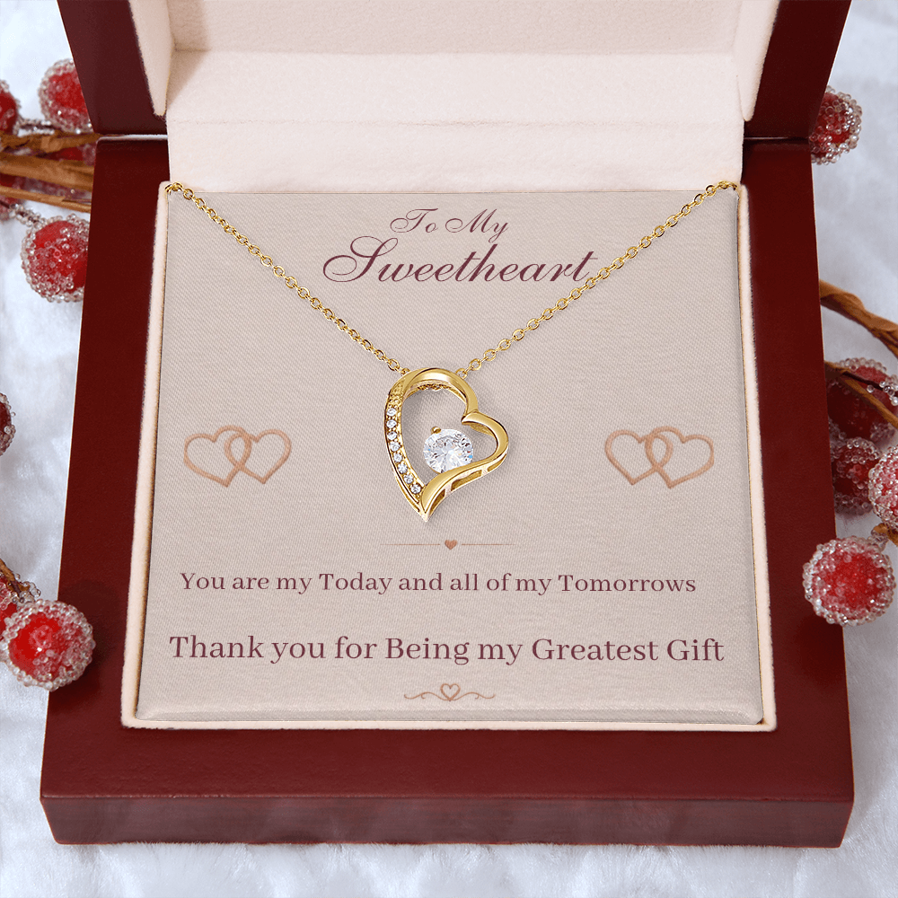 Heart pendant necklace with gold-tone chain presented on a “To My Sweetheart” message card