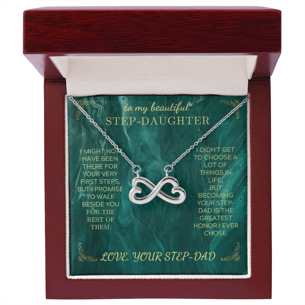Endless Love necklace with silver infinity-heart pendant on green gift card, in keepsake box