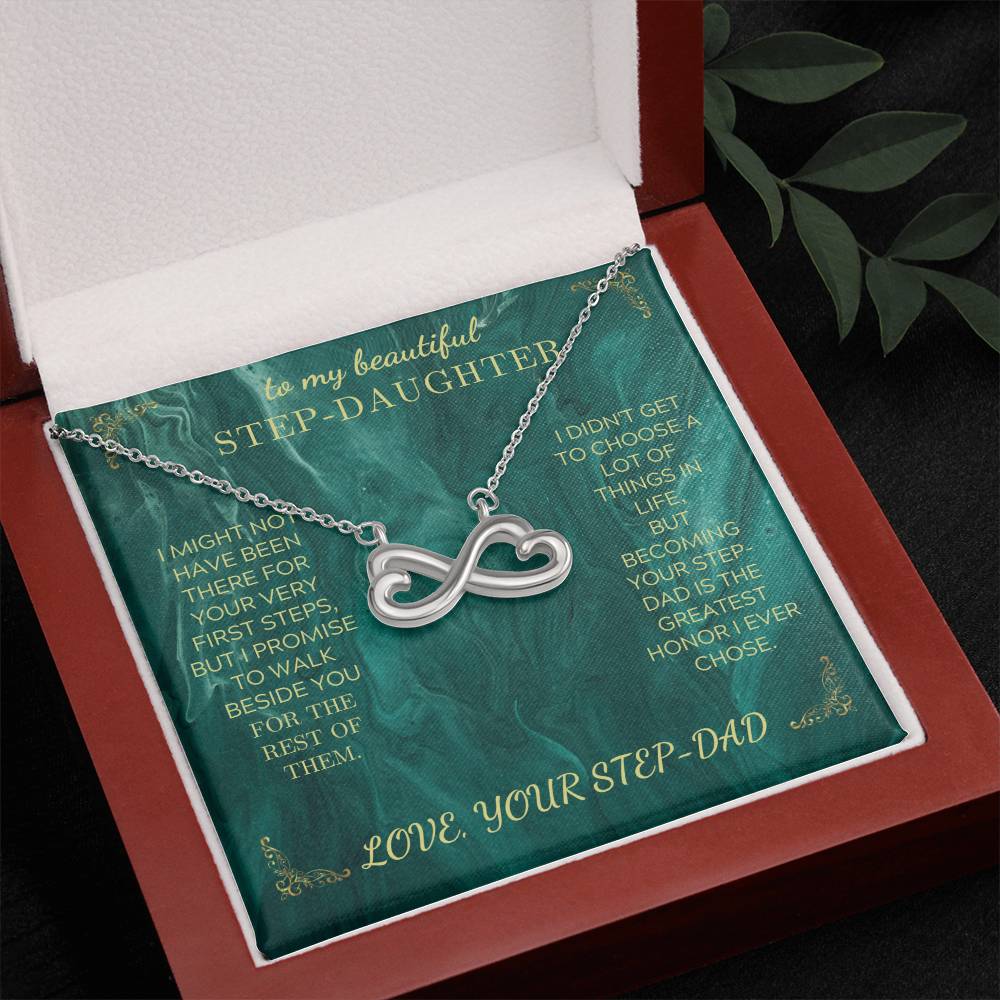 Endless Love necklace with silver infinity-heart pendant on green gift card, in open box