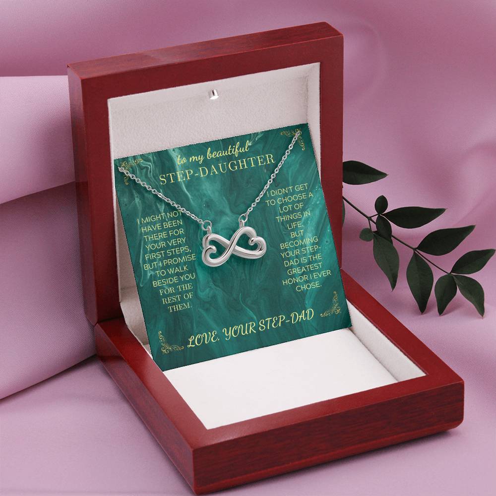 Endless Love necklace with silver infinity-heart pendant on green gift card in open box