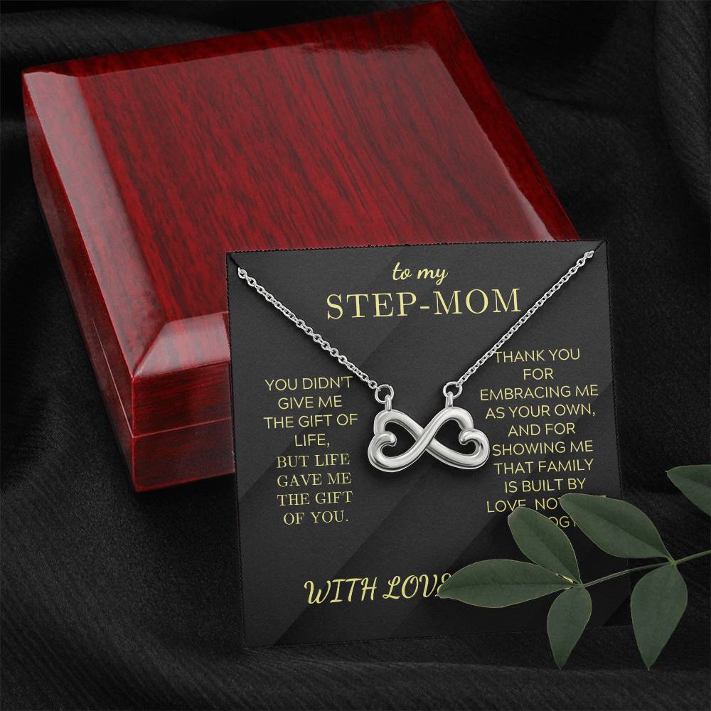 Gift box with black “STEP-MOM” card and “WITH LOVE, ALWAYS,” silver infinity heart necklace