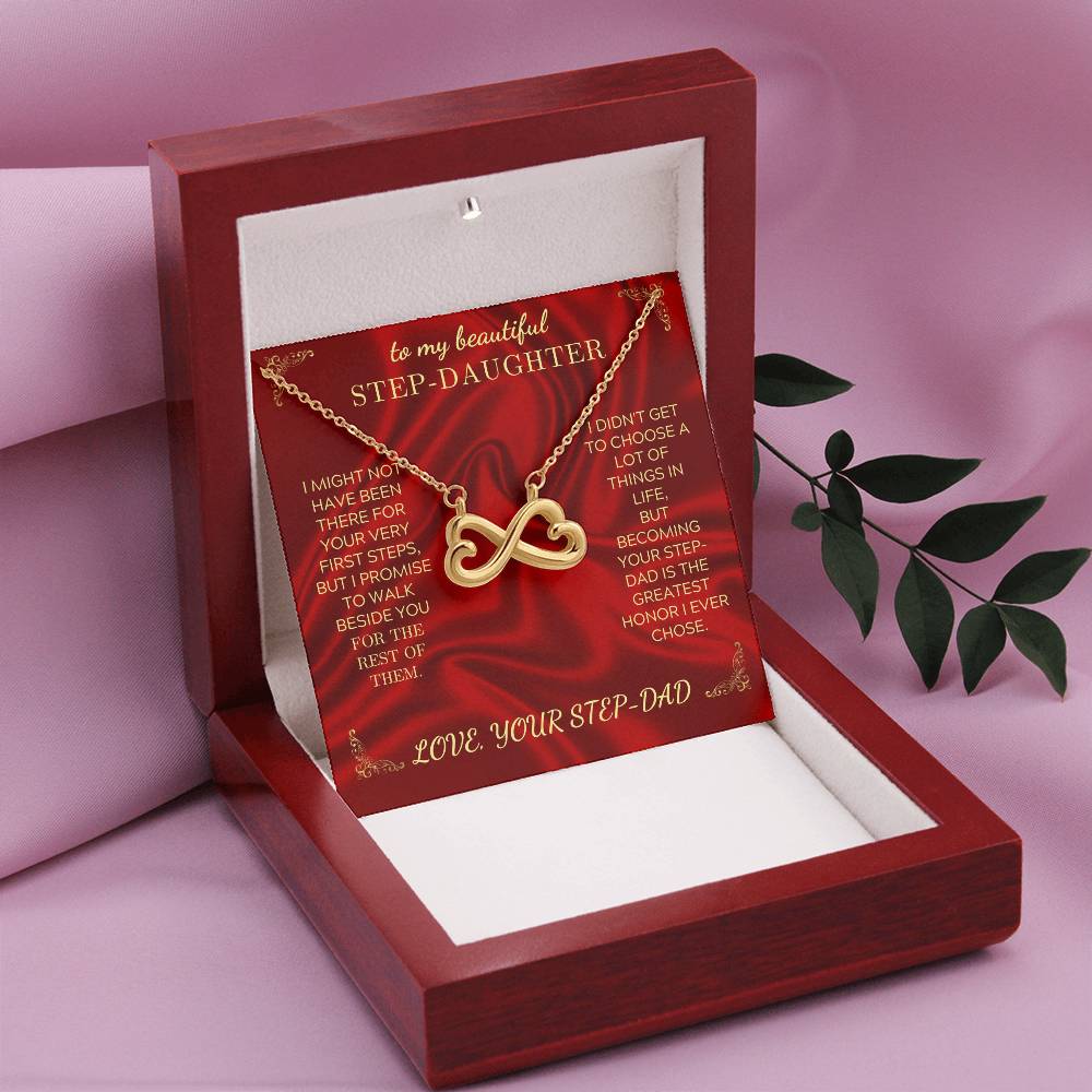 Open red gift box with heart-infinity pendant necklace and Step-Daughter message card