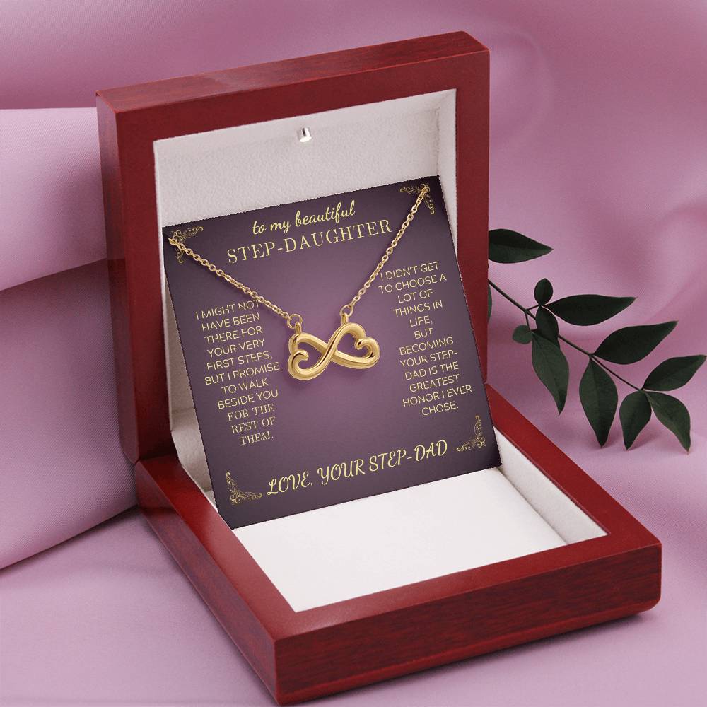 Purple greeting jewelry box with gold heart-infinity pendant necklace and chain