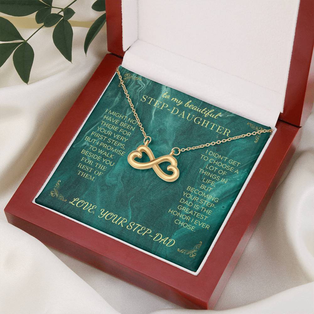 Endless Love necklace with silver infinity-heart pendant on green gift card in open box