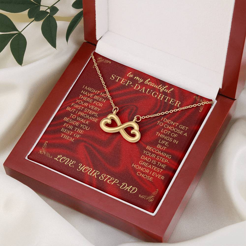 Red jewelry gift box with heart-infinity pendant necklace on message card