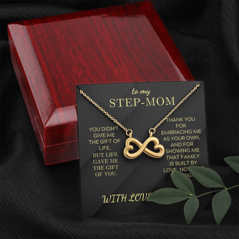 Gift box with black “STEP-MOM” card, “WITH LOVE, ALWAYS,” gold infinity heart necklace