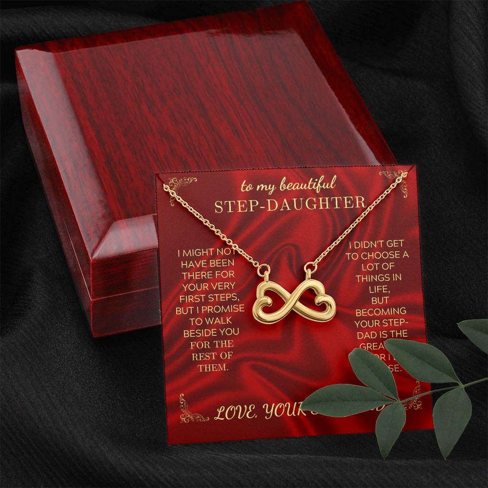 Red keepsake gift box with heart-infinity pendant necklace and Step-Daughter card