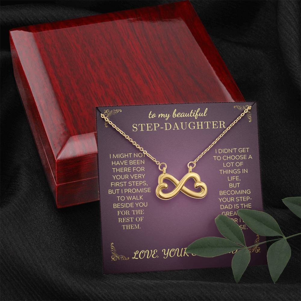 Gold-tone infinity heart pendant necklace in purple gift box with chain