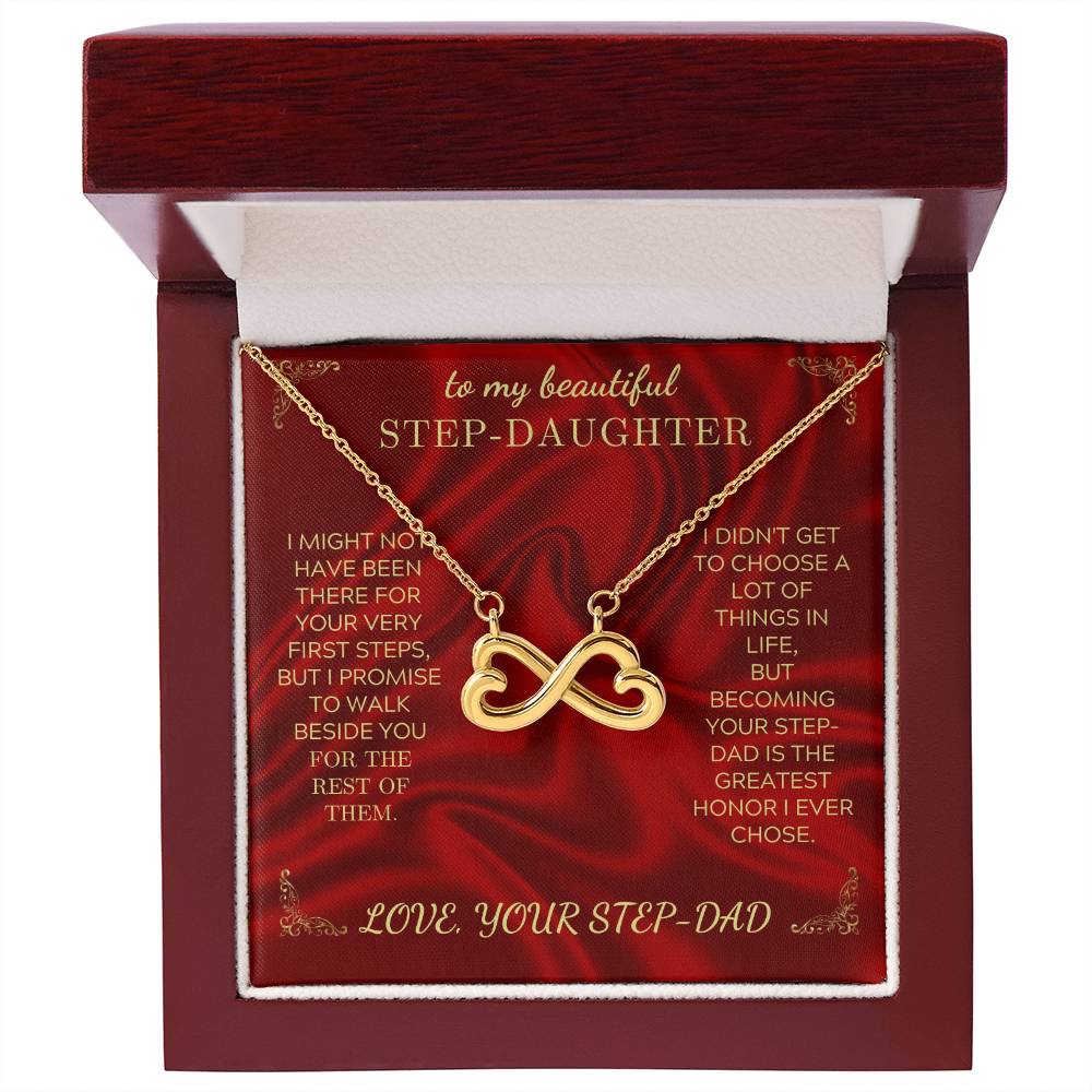 Red-lined necklace gift set with heart-infinity pendant and Step-Daughter card