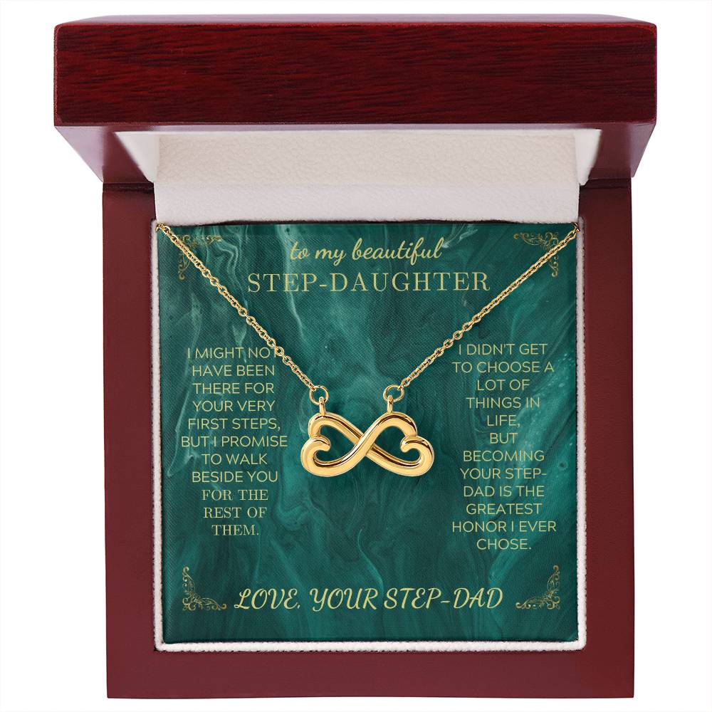 Green jewelry gift set with gold heart-and-infinity pendant and chain