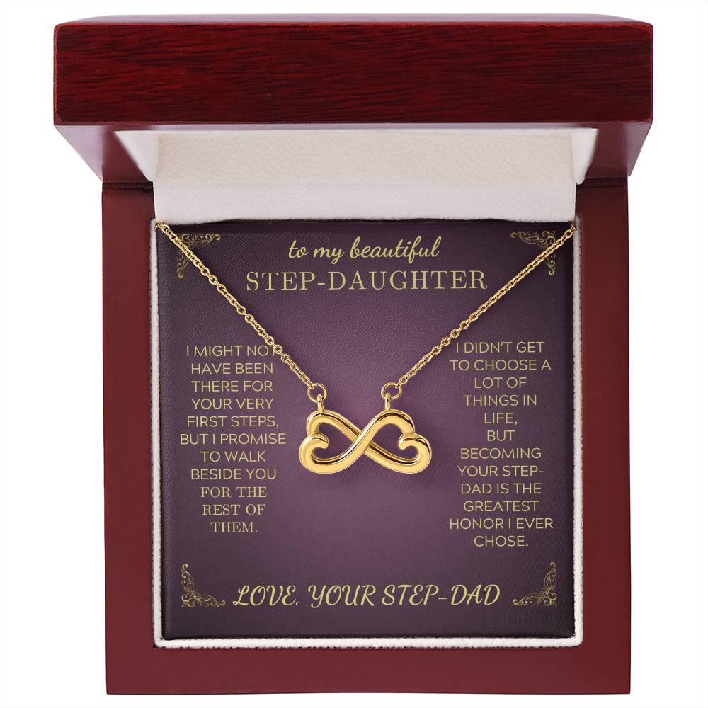 Gold infinity heart pendant necklace in a purple gift box