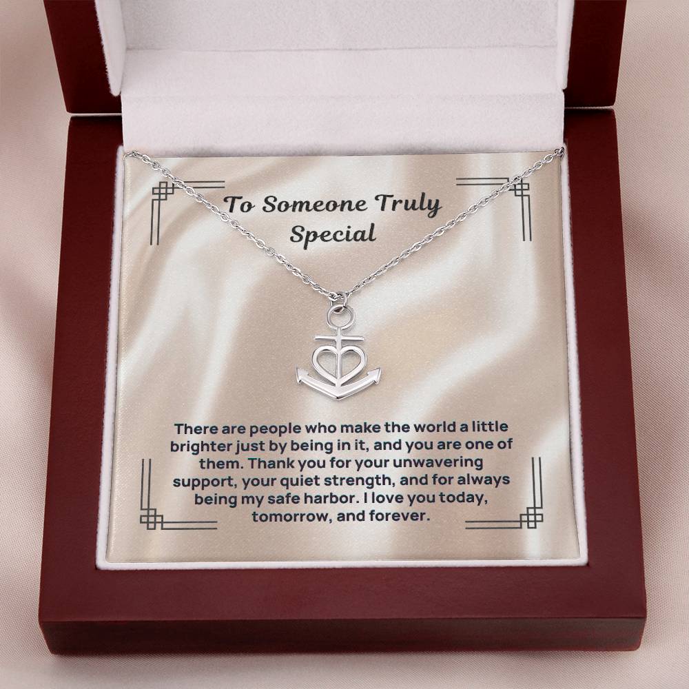 Silver anchor-and-heart pendant necklace with link chain in open gift box
