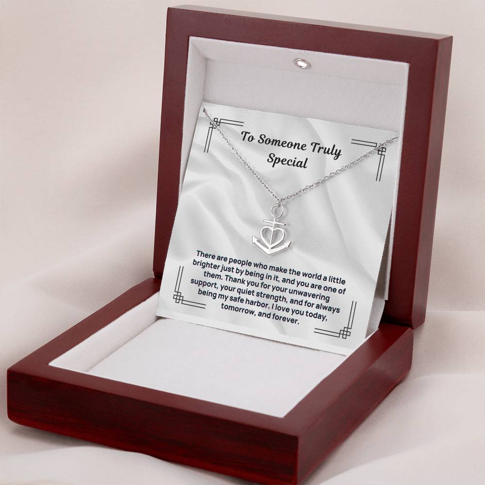 Anchor necklace gift set in a box with a card and chain necklace displayed.