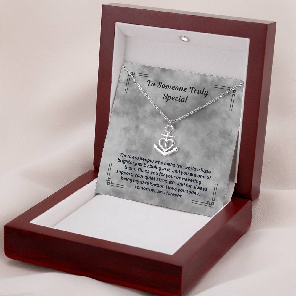 Anchor heart pendant necklace in a gift box with a message card