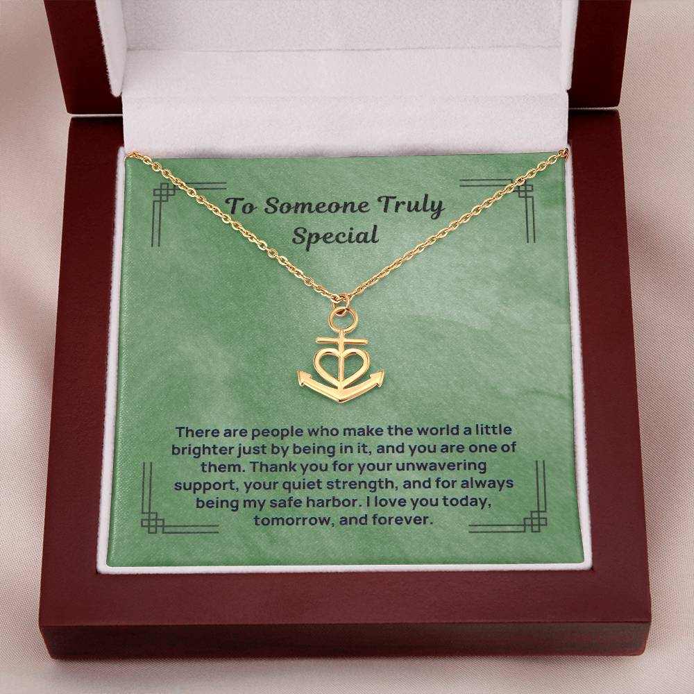 Gold anchor safe harbor pendant necklace in jewelry gift box