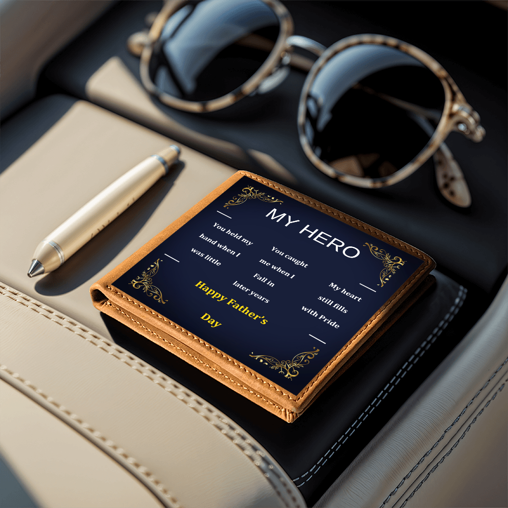 Brown leather wallet with navy insert and gold trim, “Happy Father’s Day” message