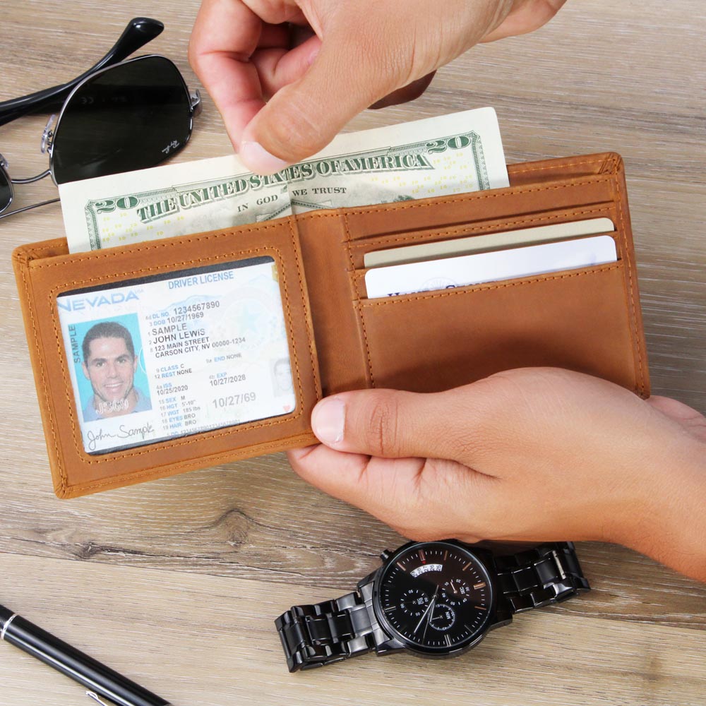 Brown leather wallet open with card slots and ID window on the left