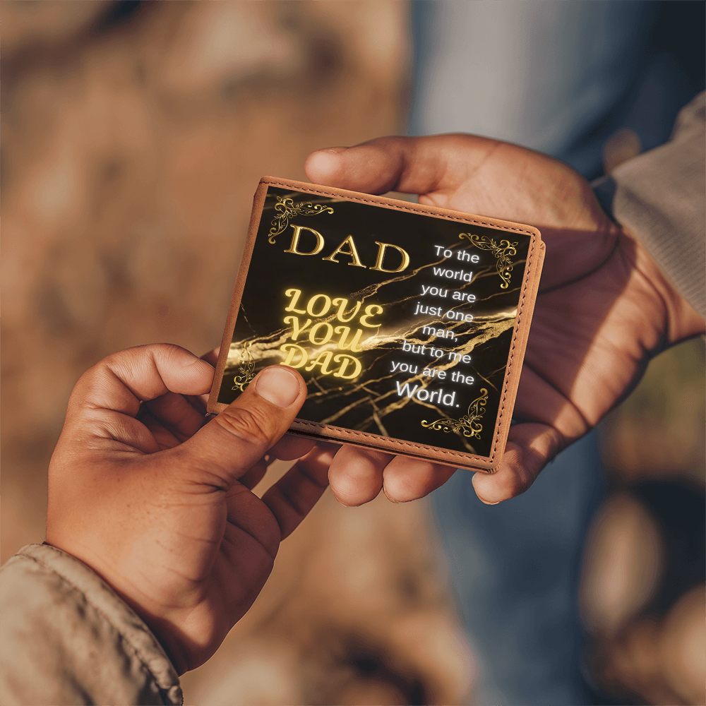 Brown leather bifold wallet with gold 'DAD' message and decorative lettering